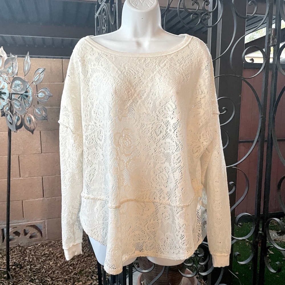 Free People Oversized Crochet Lace Eyelet Sweater Sweatshirt Long Sleeve Top S P - Picture 12 of 16